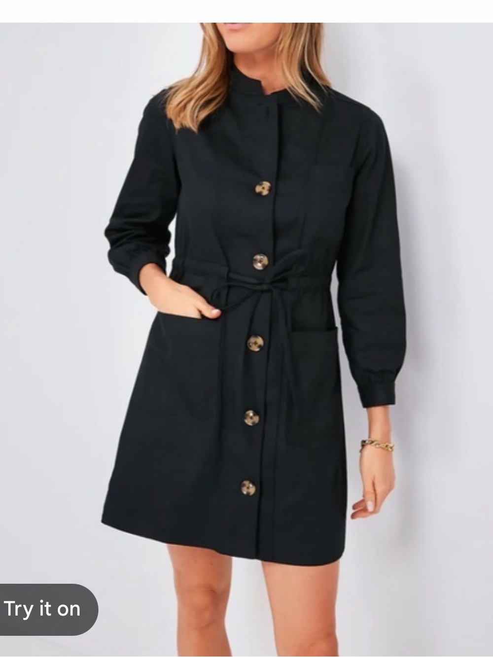 Classic Black Tie-Waist Button Front Dress